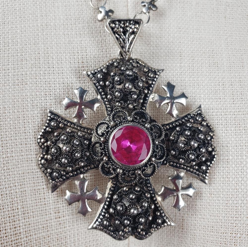 Crusader Cross .925 Sterling Silver w/ a Lrg Pink Sapphire aka Jerusalem Cross